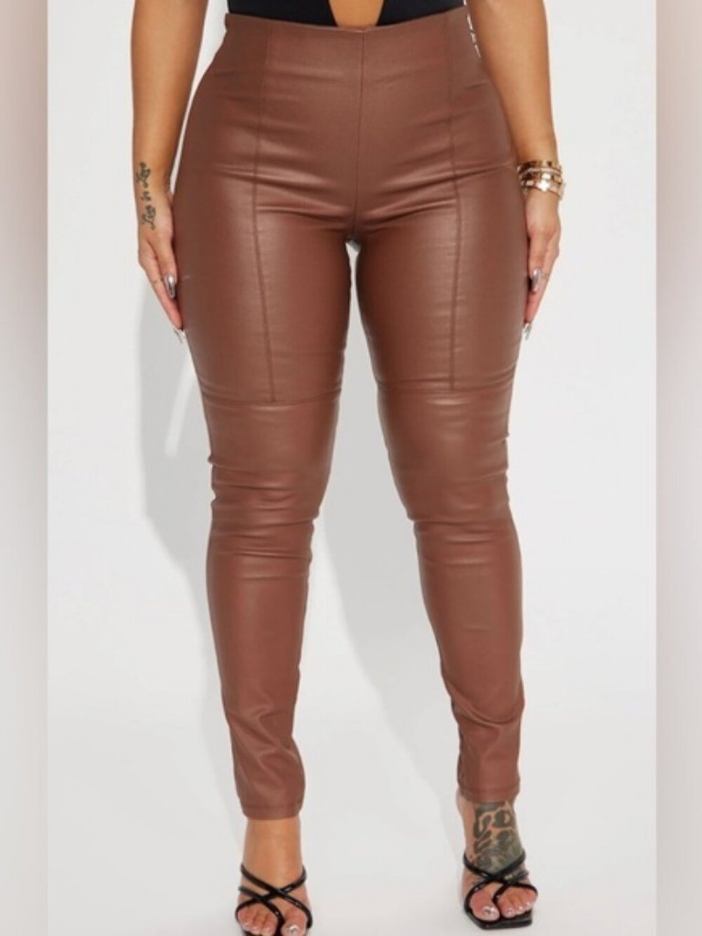 NEW Faux Leather High Rise Side Zipper Stretch Skinny Pant Chocolate Brown Small - Picture 3 of 5